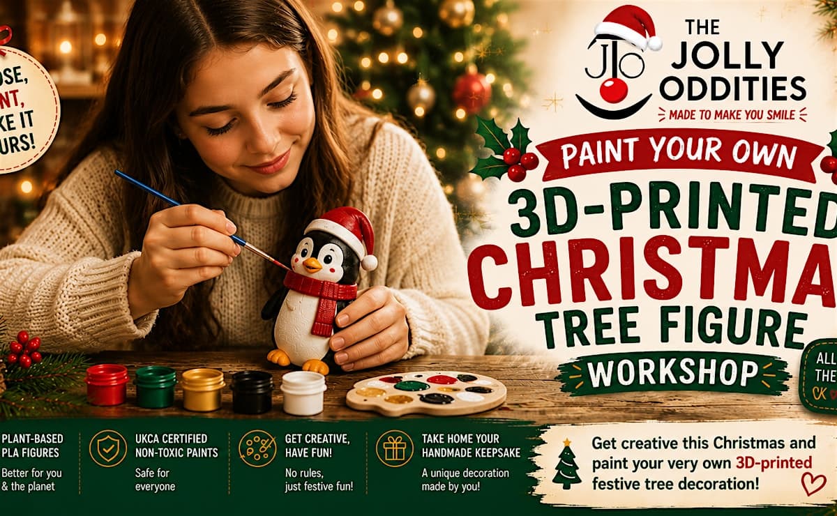 A woman painting a 3D-printed penguin figure in a red Santa hat and scarf, with pots of festive paint on the table